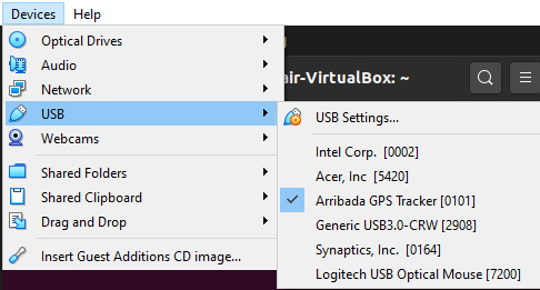 ensure that the Horizon board has been selected in the VirtualBox USB dropdown.